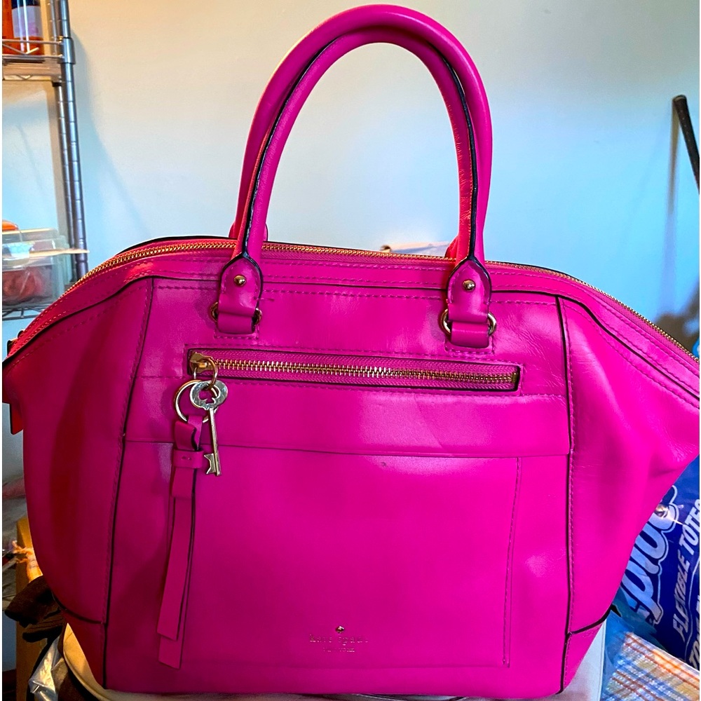 Gorgeous fuchsia hot Barbie pink leather Kate Spade satchel. Gold lurex dot int